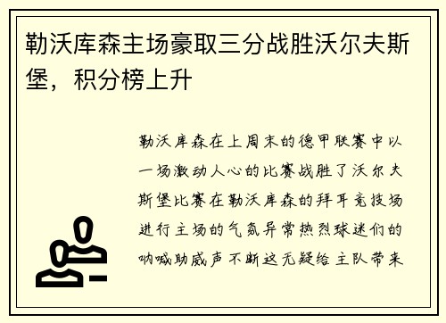 勒沃库森主场豪取三分战胜沃尔夫斯堡，积分榜上升
