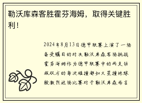勒沃库森客胜霍芬海姆，取得关键胜利！