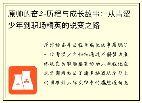 原帅的奋斗历程与成长故事：从青涩少年到职场精英的蜕变之路