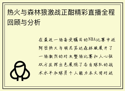 热火与森林狼激战正酣精彩直播全程回顾与分析