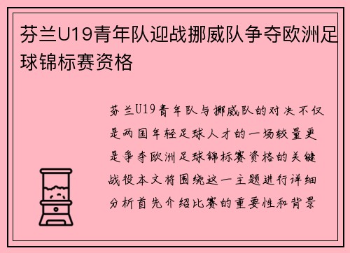 芬兰U19青年队迎战挪威队争夺欧洲足球锦标赛资格