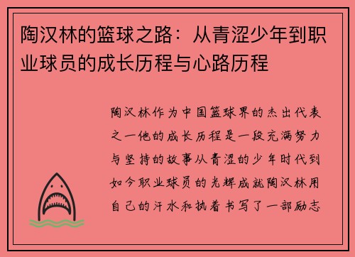 陶汉林的篮球之路：从青涩少年到职业球员的成长历程与心路历程
