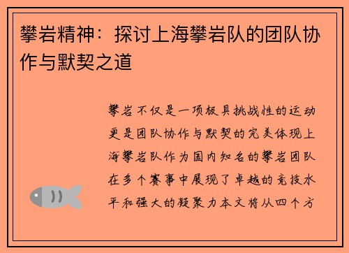 攀岩精神：探讨上海攀岩队的团队协作与默契之道