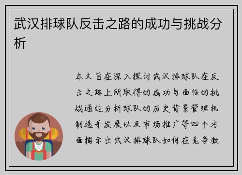 武汉排球队反击之路的成功与挑战分析